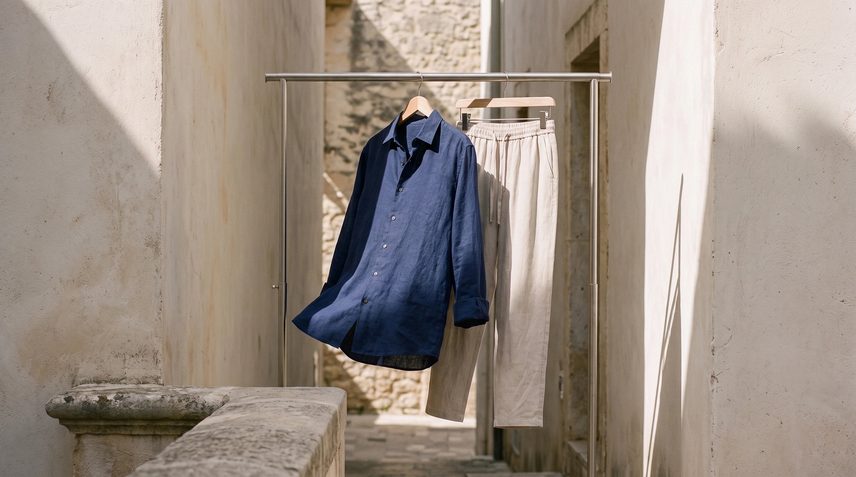 Campaign styling of a navy linen shirt and sand linen trousers on an outdoor clothes rail
