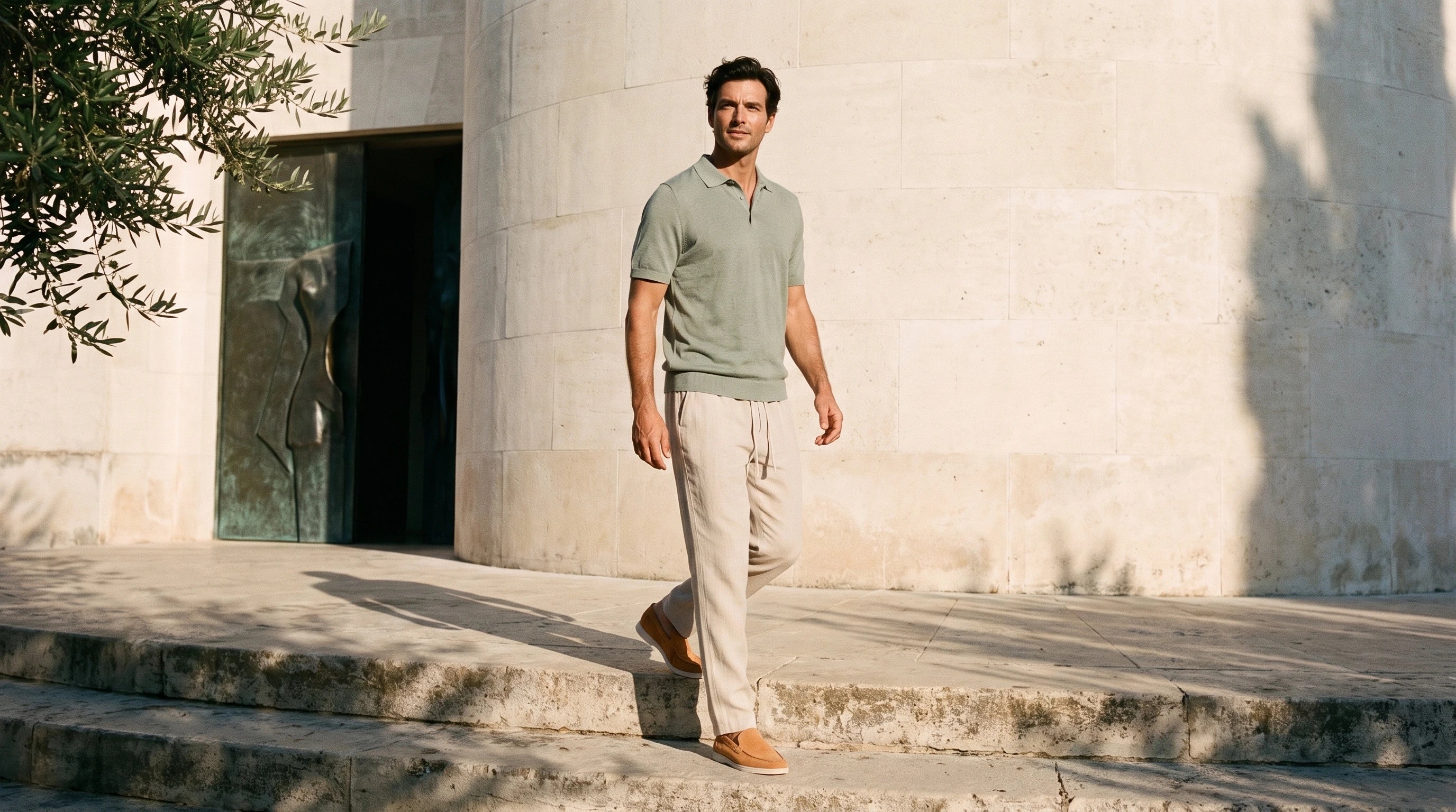 Sage polo, sand linen trousers and tan suede loafers worn together